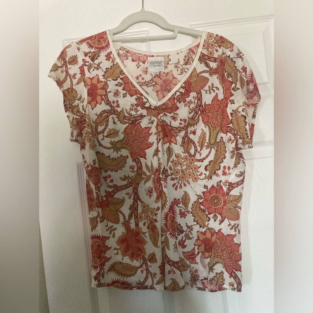 ViaVai by Pollero Floral Linen Blouse, Size Large